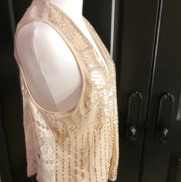 Chicos Khaki Sequin Embellished Lace Vest Cottagecore Women's Size 2 - Picture 4 of 9